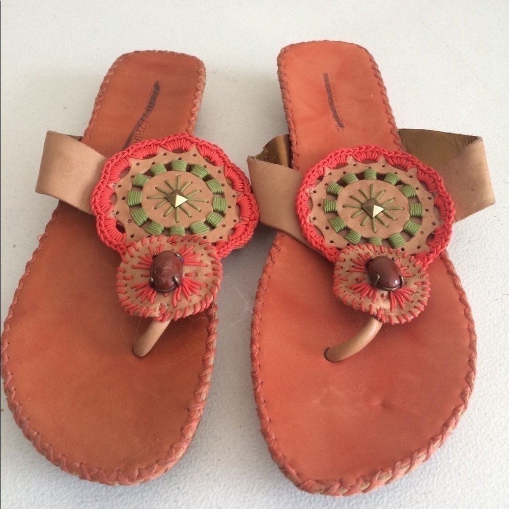 BCBGMaxAzria Orange Crochet Embellished Short Wedge Thong Sandals 🔴